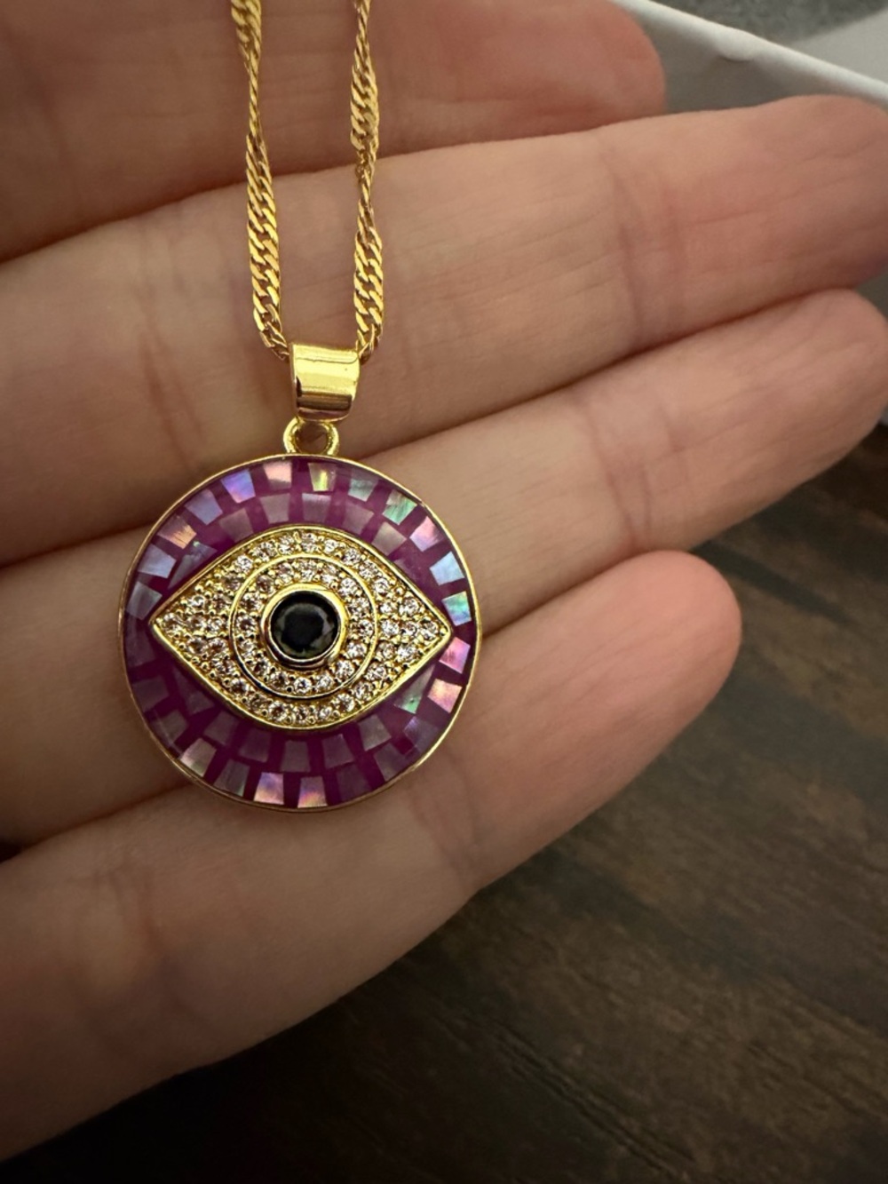 Purple Evil Eye Necklace Gold Tone Anti Tarnish CZ pave setting Pendant - Picture 4 of 4